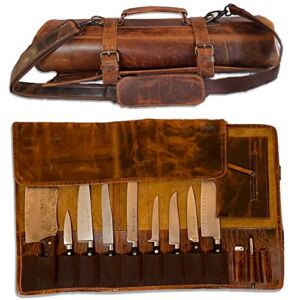Knife Bag Knife Roll – Case for Knives – SharpStyle: Genuine Leather Chef Knife Roll – Beautifully Holds 10 Knives + Utility Pockets – Includes Leather Carry Handle and Strap – Large.