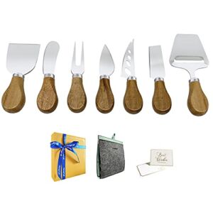 Thougrlyh Cheese Knive Set 7pcs Cheese Plate Accessories With Wood Handle Stainless Steel Cheese Knife Charcuterie Cutlery Set Include Cheese Slicer Cheese Cutter Cheese Fork Wood Gifts With Card