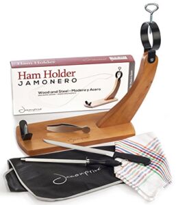 Ham Stand Spain with Knife and Sharpening Steel + Ham Cover + Kitchen Cloth + Tongs – Orginal Ham Holder for Spanish Hams and Italian Prosciutto