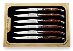 Laguiole California Steak Knives – 6 Piece Rosewood Set – Ergonomic Handles – Stored in a California Oakwood Gift Box – Extremely Sharp Straight Steel Blades are Thick Gauge, Full Tang