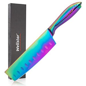 Nakiri Knife 7 Inch WELLSTAR, Razor Sharp German Stainless Steel Meat Vegetable Cleaver, Multi-purpose Asian Kitchen Knife for Home Chef’s Cooking with Rainbow Titanium Coating, Strong Durable Handle
