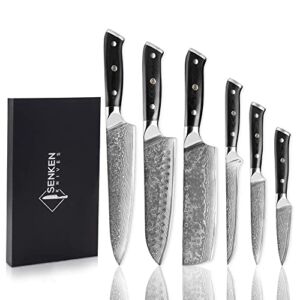SENKEN 6-Piece Damascus Steel Kitchen Knife Set – Shogun Collection – 67-Layer Japanese VG10 Steel – Chef’s Knife, Cleaver Knife, & More, Extremely Sharp Blades for Effortless Cutting, Luxury Gift Box