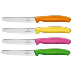 Culinary Depot Victorinox Swiss Stainless Steel Paring Knife 4.5 Inch Serrated Blade, Round Tip (Set of 4) Green, Orange, Pink and Yellow Utility Knife Set