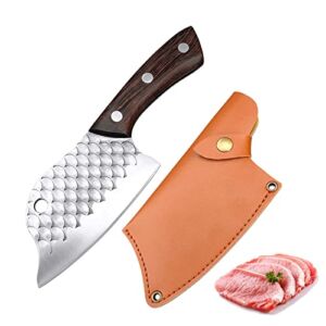 Fubinaty 5 Inch Chef Knife Set Handmade Forged Squama Pattern Kitchen Cleaver Knives High Carbon Steel Cooking Knife with Full Tang Wood Handle and PU Leather Sheath for Home Restaurant Camping BBQ