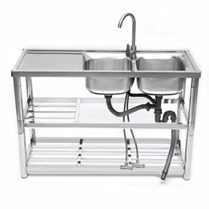Commercial Restaurant Sink – Stainless Steel Utility Sink Free-standing Kitchen Sink Set Double Bowl Kitchen Sinks Commercial Pull Faucet Kitchen Sink & Faucet Combo with Strainer , 47Inch Rectangular