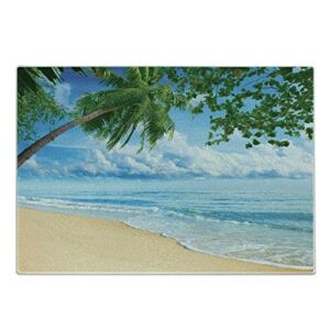 Lunarable Tropical Cutting Board, Sandy Tropical Beach in Summertime Sunny Day Seacoast Seascape Horizon, Decorative Tempered Glass Cutting and Serving Board, Large Size, Sky Blue