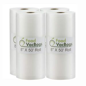 Four FoodVacBags 8″ X 50′ Commercial Vacuum Sealer Rolls Food Storage Bags compatible with Foodsaver and Sous Vide cooking (200 feet)