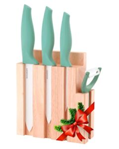Wamery Ceramic Knife Set with Block – Chef Knife, Utility Knife, Paring Knife Rust Proof Sharp Turquoise Kitchen Knife Set with Wood Block and Fruit Peeler