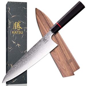 KATSU Kitchen Chef Knife – Damascus Steel – Japanese Kitchen Knife – Handcrafted Octagonal Wood Handle – 8-inch -Wood Sheath & Gift Box…