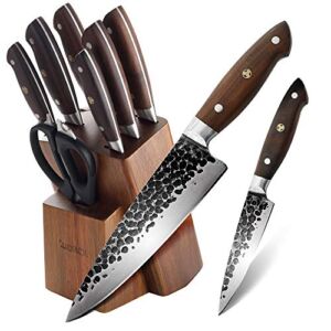 KONOLL Kitchen Knife Block Set 9 Pcs Chef Knife Box Set Ultra Sharp Forged Knives Set, Meat Cleaver HC Stainless German Steel with Full Tang Wood Handle (Knife Block Set 9 Pcs)