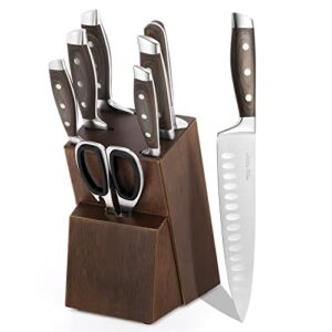 Enfmay Knife Set, 8 Pieces High Carbon Kitchen Knife Set with Block, Stainless Steel Chef Knife Set with Sharpener, Full Tang, Classical style