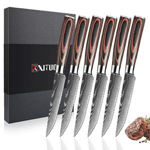 XT XITUO Steak Knives Set of 6 Piece Damascus Patterned Stainless Steel Serrated Knife Wooden Handle Beef Cleaver Multipurpose Restaurant Cutlery Table Knife (6PC Steak Knife Set)