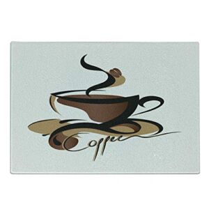 Ambesonne Coffee Cutting Board, Coffee Cup with Abstract Curved Lines Refreshing Aromatic Drink Pattern, Decorative Tempered Glass Cutting and Serving Board, Small Size, Brown Black