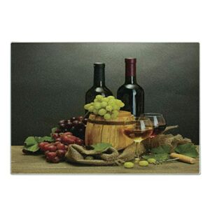 Ambesonne Winery Cutting Board, Cask Bottles and Glasses of Wine and Ripe Grapes on Wooden Table Picture Print, Decorative Tempered Glass Cutting and Serving Board, Large Size, Grey Taupe