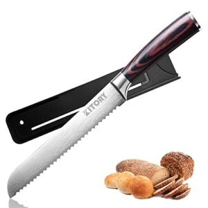 Kitory Bread Knife Serrated Knife 8‘’ Ultra Sharp Slicing Knife with Sheath, German High Carbon Steel Wavy Edge Cake Slicer, Bakery Slicing Cutter Ergonomic Ideal for All Types of Bread