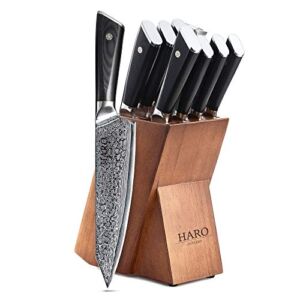 HARO CUTLERY Pacific Series 9-piece Damascus Knife Set With Block | Japanese Chef Knife Set | Forged VG10 Chef Knife Set Professional | Kitchen Knife Set | Razor Sharp Knives Set For Kitchen