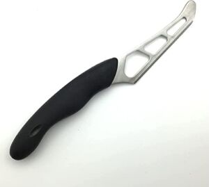 Model 1504 CUTCO Cheese Knife w/ 5.5″ Micro-D® serrated edge blade & 5″ black Soft Comfort-grip handle. Holes on blade’s surface helps cheese fall away during cutting.