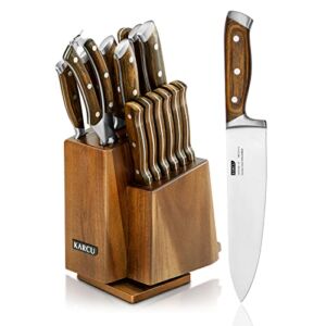 Knife Set, Kitchen Knife Sets 15-Piece German High Carbon Stainless Steel Knives with Sharpener, Rotating Acacia Block