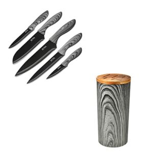 EUNA 5 PCS Kitchen Knife Boxed Set Japanese Knives with Sheaths and Gift Box Chefs Knives Set for Professional Multipurpose Cooking with PP Ergonomic Handle & Gray Texture with Knife Block