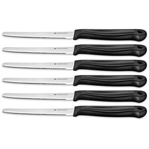 Navaris Serrated Tomato Knife Set (6 Pieces) – Small Stainless Steel Utility Knives for Slicing Tomatoes, Vegetables, Fruit – Dishwasher Safe – Black