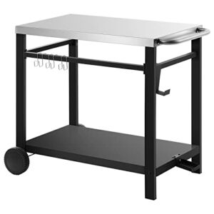 Increkid 33.5” Movable Dining Cart, Double-Shelf Stainless Steel Commercial Kitchen Worktable, Outdoor Food Prep Table, Multifunctional Flattop Bar Table, with 2 Wheels, 4 Hooks, Max Load 110lbs
