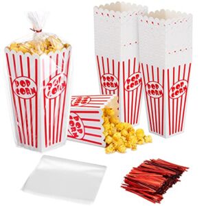 25 Pcs Popcorn Boxes and 50 Pcs Clear Treat Bags with Twist Ties, 7.9 Inch Tall Holds 46 Oz Popcorn Bags Red and White Paper Container Candy Cookie Bags Clear Cellophane Bags for Movie Party Decor
