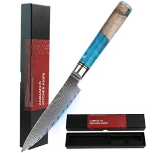 WAK Professional Sharp Kitchen Utility Knife 5 inch, High Carbon Stainless Steel Damascus Cooking Knife, Japanese Cutlery Knife with Non-stick Blade, Blue Resin Wood Ergonomic Handle