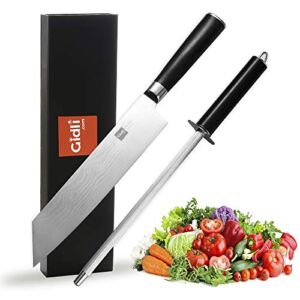 Chef Knife by Gidli – Lifetime Replacement Warranty – Includes Sharpening Rod as a Bonus – 8″ Professional Kitchen Knife (German Carbon Stainless Steel) with Wooden Handle – Durable, Sharp Meat Knife