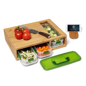 Bamboo Cutting Board with Drawers, 3 Food Storage with Air-Tight Lid Fully Stackable, Large Chopping Board with Juice Grooves, & Food Sliding Opening for Easy meal prep, and Kitchen Space Saver