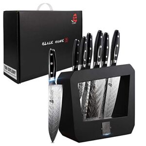 TUO Knife Set – Kitchen Knife Set with Wooden Block 7 pieces – G10 Full Tang Ergonomic Handle – BLACK HAWK S SERIES with Gift Box
