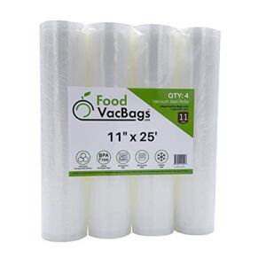 Four 11″ x 25′ FoodVacBags Vacuum Sealer Rolls, 100 Feet Total, Compatible with Foodsaver, Fits Inside Machine, Perfect for Sous Vide