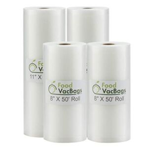 Four FoodVacBags Vacuum Sealer Rolls – (2) 8X50 & (2) 11X50, Compatible with Foodsaver, Make Your Own Size Vacuum Sealer Bags