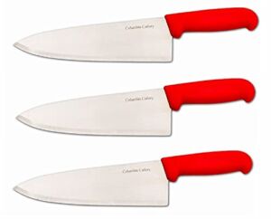 Columbia Cutlery 8 in Commercial Chef Cook Knife – Red Fibrox Handle – Razor Sharp and Dishwasher Friendly (3 Pack – 8 in Red Chef)