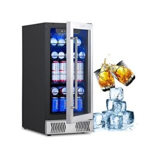 Kognita 15 inch Beverage Refrigerator Beverage Cooler, 115 Cans Mini Fridge with Glass Door, Blue LED Lights, Small Drink Fridge with Clear Door,Lock, Touch Screen, Removable Shelves