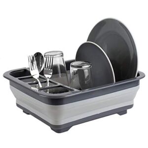 Home Basics Silicone and Plastic Easy Storage Collapsible Dish Rack with Cutlery Holder (Grey)