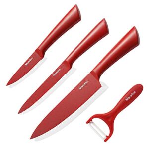 Maarten Kitchen Knives Set – 4 Piece Stainless Steel Chef Knife Set with Sheath – Boxed Knife Sets Gifts for Family (Red)