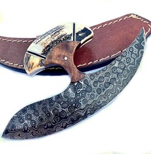 Handmade Traditional Ulu Knife with Damascus Steel Blade, Custom Handle, and Custom Sheath (Antler Angler)