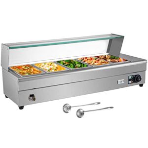 VEVOR Commercial Food Warmer, 5 x 1/2 Pans, 44 Qt Electric Bain Marie with 6″ Deep Pans, Stainless Steel Steam Table with Tempered Glass Shield, 1500W Countertop Buffet Warmer with Lids & Ladles, 110V
