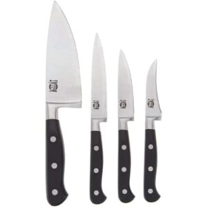 Mad Hungry 4-Piece Forged Specialty Knife Set – 6″ Chef, 4.5″ Serrated Utility, 3.5″ Paring, & 3″ Birds Beak Knives Kitchen (Black)