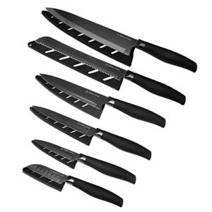 DURA LIVING 12-Piece Kitchen Knife starter Set – Black Nonstick Titanium Plated Stainless Steel Ultra Sharp Knives Comfort Grip Handles With Matching Sheaths