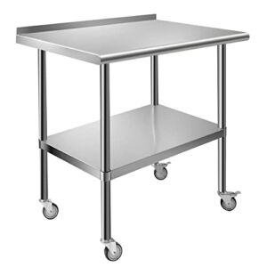 Nisorpa Commercial Stainless Steel Table with Caster Wheels 36x24in Kitchen Worktables with Backsplashs Prep Food Workbench Under Shelf 330~550lbs Capacity for Restaurant