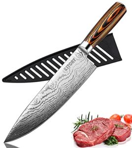 KITORY Chef Knife 8 Inch, Pro Damascus Pattern Kitchen Knife with Sheath, German High Carbon Stainless Steel, Ergonomic Pakkawood Handle, Sharp Vegetable Meat Knife for Home&Restaurant-FLAMINGO SERIES