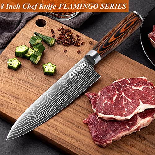 KITORY Chef Knife 8 Inch, Pro Damascus Pattern Kitchen Knife with Sheath, German High Carbon Stainless Steel, Ergonomic Pakkawood Handle, Sharp Vegetable Meat Knife for Home&Restaurant-FLAMINGO SERIES | The Storepaperoomates Retail Market - Fast Affordable Shopping