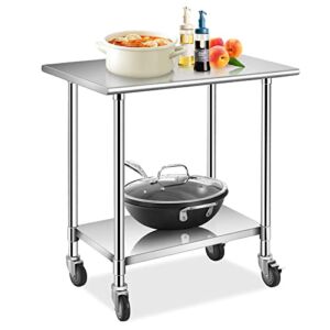 WATERJOY 48″ x 30″ NSF Stainless Steel Table for Prep & Work Commercial Heavy Duty Kitchen Table with Adjustable Shelf and Wheels Installable(Without Wheel)