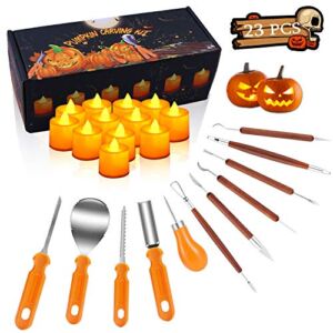 Halloween Pumpkin Carving Kit, 11 Pieces Pumpkin Carving Tools Sets with 12 Pumpkin LED Candles Lights, Professional Heavy Duty Stainless Steel Pumpkin Cutting Knife Supplies for Halloween Decoration