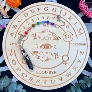 OKDOKEY 7.8″ Wooden Witch Pendulum Board Kit | with Obisidian Crystal Dowsing Pendulum | Yes No Pendulum Board | Witchcraft Divination Tools for Spirit Altar Decoration—Witch MAJIC Hand – 1