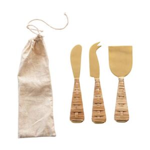 Creative Co-Op Cheese Knives with Rattan Handles, Gold Finish, Set of 3 Knife, 6.5″ x 6.75″