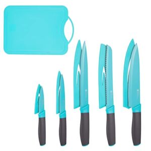 5 Pieces Kitchen Knife Set, With Cutting Board, blue knife set Stainless Steel Knives With Sheaths, Dishwasher Safe Kitchen Knives with Sheath Covers