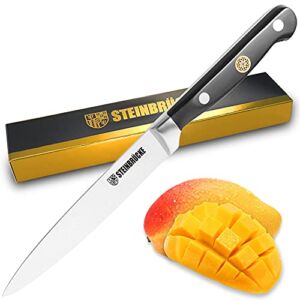STEINBRÜCKE Kitchen Utility Knife 5 Inch, Sharp Paring Knife Kitchen Petty Knife High Carbon German Steel Fruit Knife with Pro Chef’s Knife Full Tang and Ergonomic Handle Kitchen Cutlery Cutting