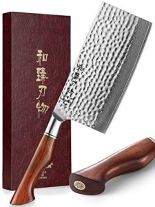 HEZHEN Chinese Chef Knife 6.8 Inch- Meat Cleaver, Chinese Cleaver Knife,Vegtable Cleaver，Cut Meat knife ,Premium Damascus Powder Steel–Natural Rosewood Handle-Master Hammered Finish Series